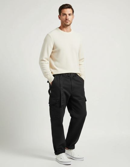 Pantalon Cargo Noir Coton Ample Décontracté Multipoches Homme