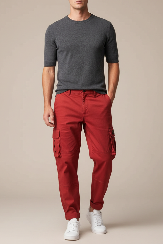 Pantalon Cargo Rouge Coton Multi-Poches Homme Décontracté