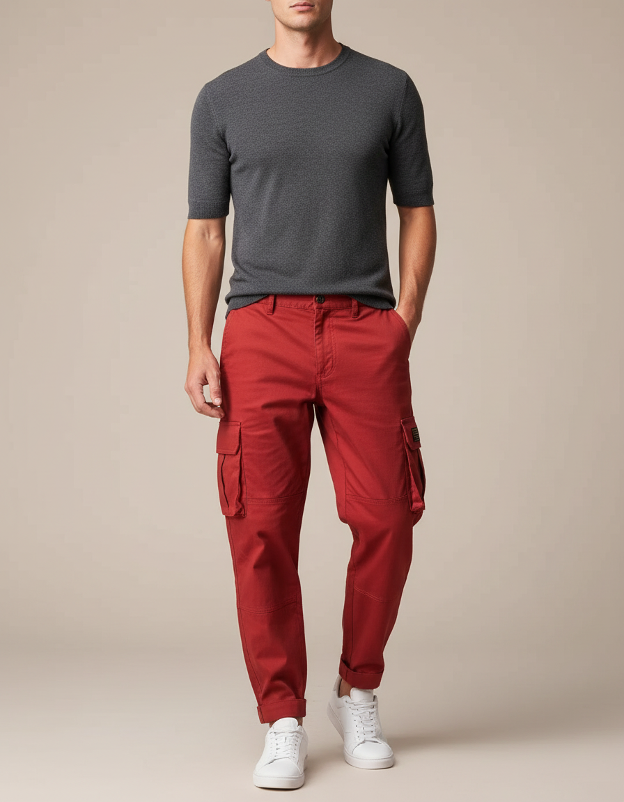 Pantalon Cargo Rouge Coton Multi-Poches Homme Décontracté