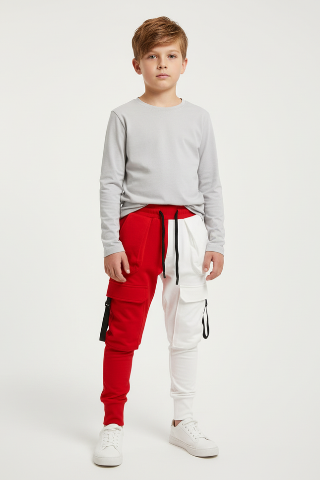 Pantalon Cargo Bicolore Rouge Blanc Multipoches Enfant - Multicolore Molleton