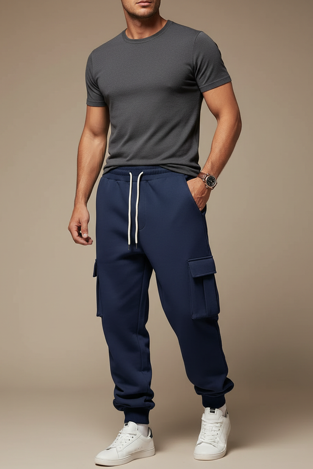 Pantalon Cargo Bleu Marine Molleton Ample Homme