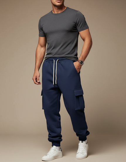 Pantalon Cargo Bleu Marine Molleton Ample Homme