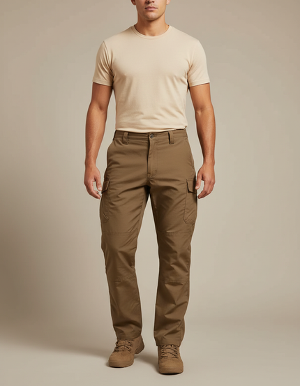 Pantalon Cargo Homme Marron Tactique Multi-Poches Léger - Gabardine