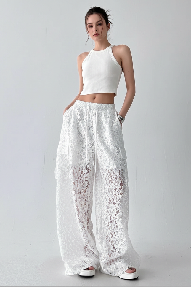 Pantalon Cargo Blanc Ample Dentelle Évasé Transparent - Maille