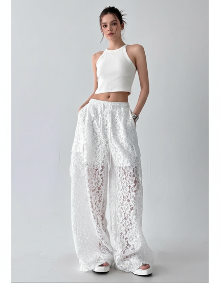 Pantalon Cargo Blanc Ample Dentelle Évasé Transparent - Maille