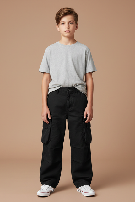 Pantalon Cargo Noir Ample Coton Garçon - Toile