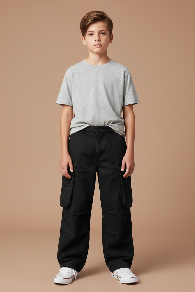 Pantalon Cargo Noir Ample Coton Garçon - Toile