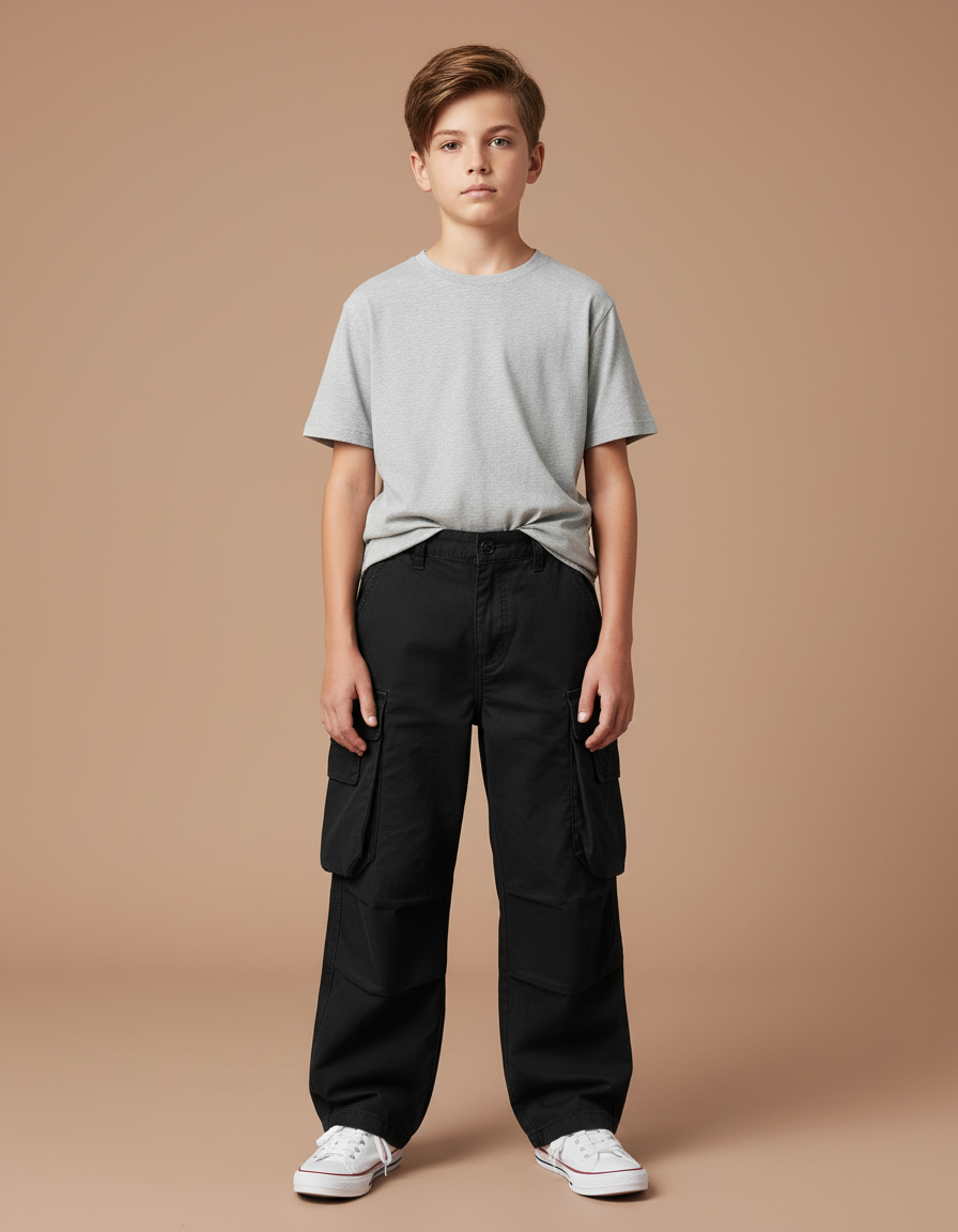 Pantalon Cargo Noir Ample Coton Garçon - Toile