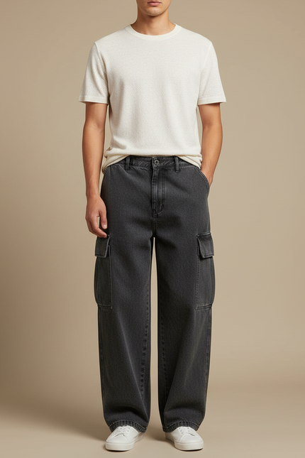 Pantalon Cargo Gris Ample Multipoches Délavé Denim Homme - Jean