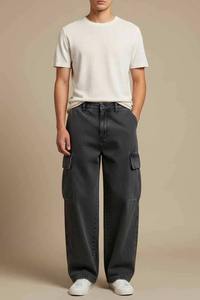 Pantalon Cargo Gris Ample Multipoches Délavé Denim Homme - Jean