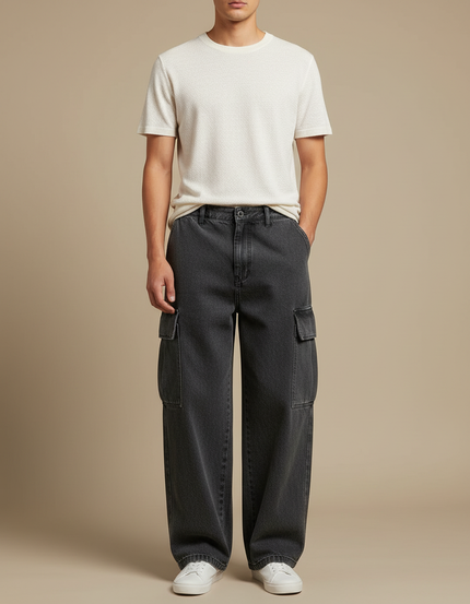 Pantalon Cargo Gris Ample Multipoches Délavé Denim Homme - Jean