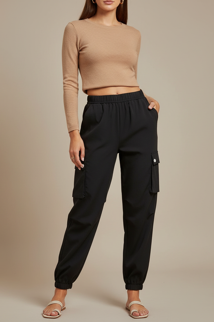Pantalon Cargo Noir Décontracté Multipoches Élastiqué Femme - Polyester