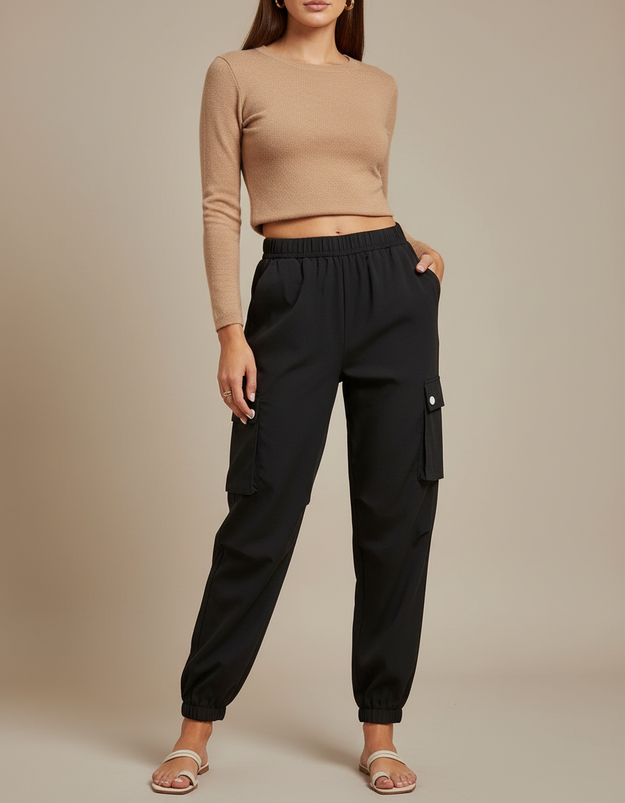 Pantalon Cargo Noir Décontracté Multipoches Élastiqué Femme - Polyester