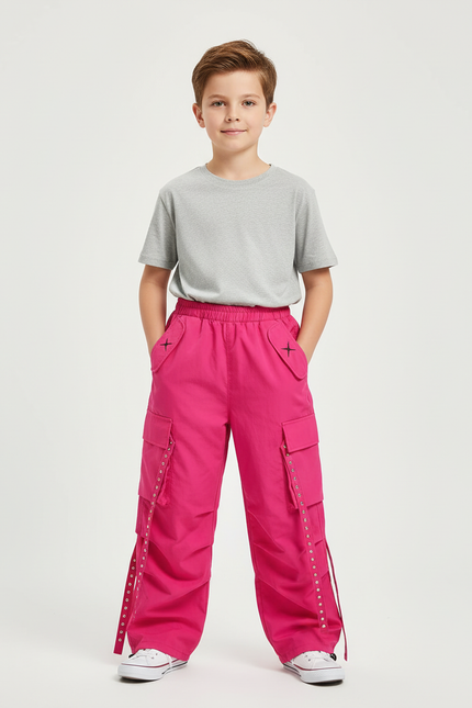 Pantalon Cargo Rose Ample Enfant Streetwear Boucles - Toile