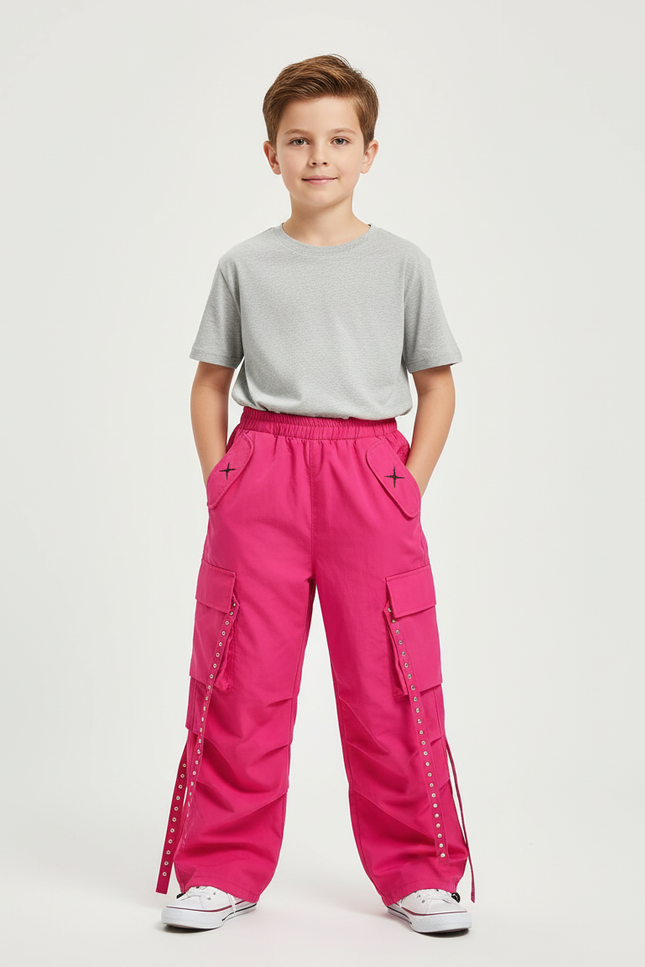 Pantalon Cargo Rose Ample Enfant Streetwear Boucles - Toile