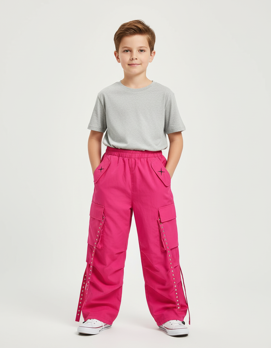 Pantalon Cargo Rose Ample Enfant Streetwear Boucles - Toile
