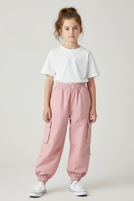Pantalon Cargo Rose Ample Léger Enfant Décontracté - Coton