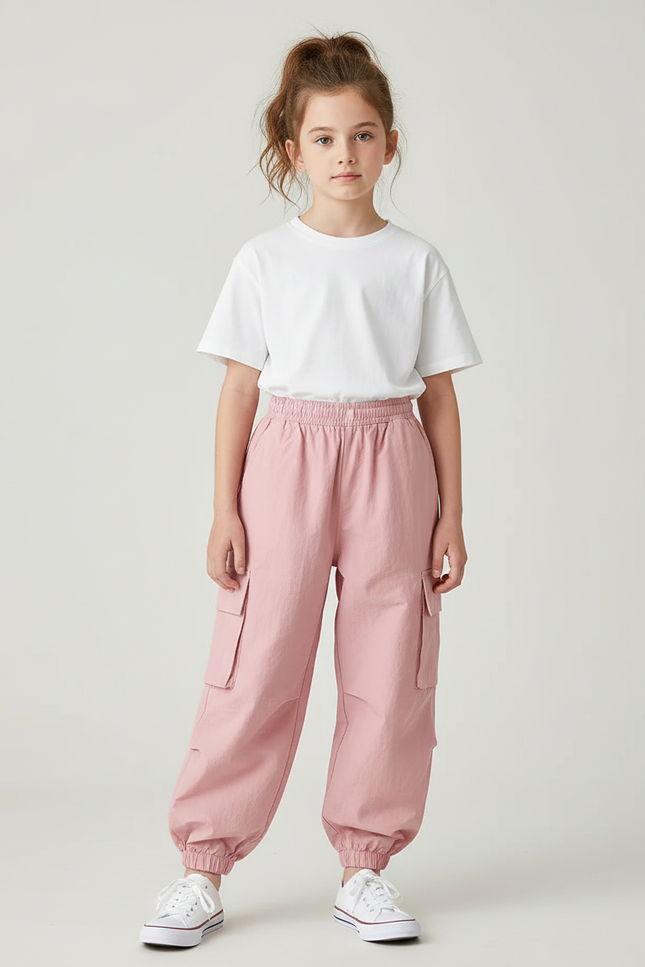Pantalon Cargo Rose Ample Léger Enfant Décontracté - Coton