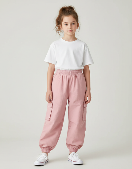Pantalon Cargo Rose Ample Léger Enfant Décontracté - Coton