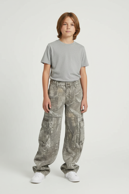 Pantalon Cargo Camouflage Ample Délavé Enfant - Gris Jean
