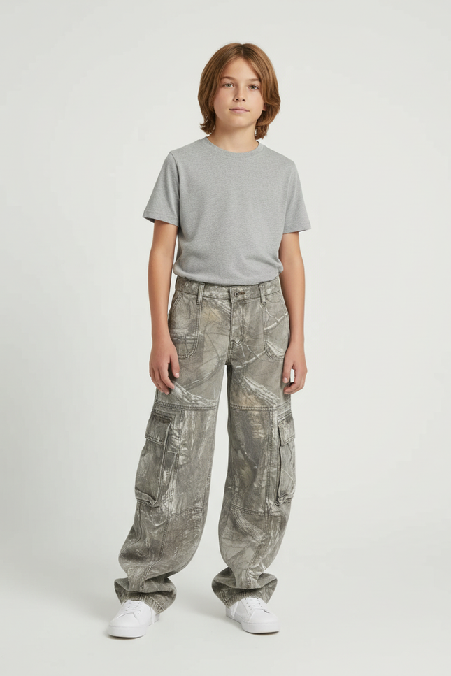 Pantalon Cargo Camouflage Ample Délavé Enfant - Gris Jean
