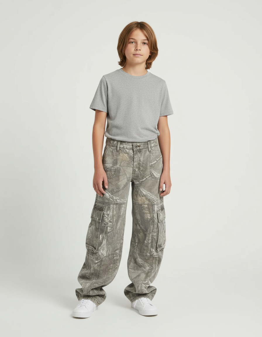 Pantalon Cargo Camouflage Ample Délavé Enfant - Gris Jean