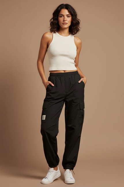 Pantalon Cargo Noir Fluide Multipoches Femme - Polyester