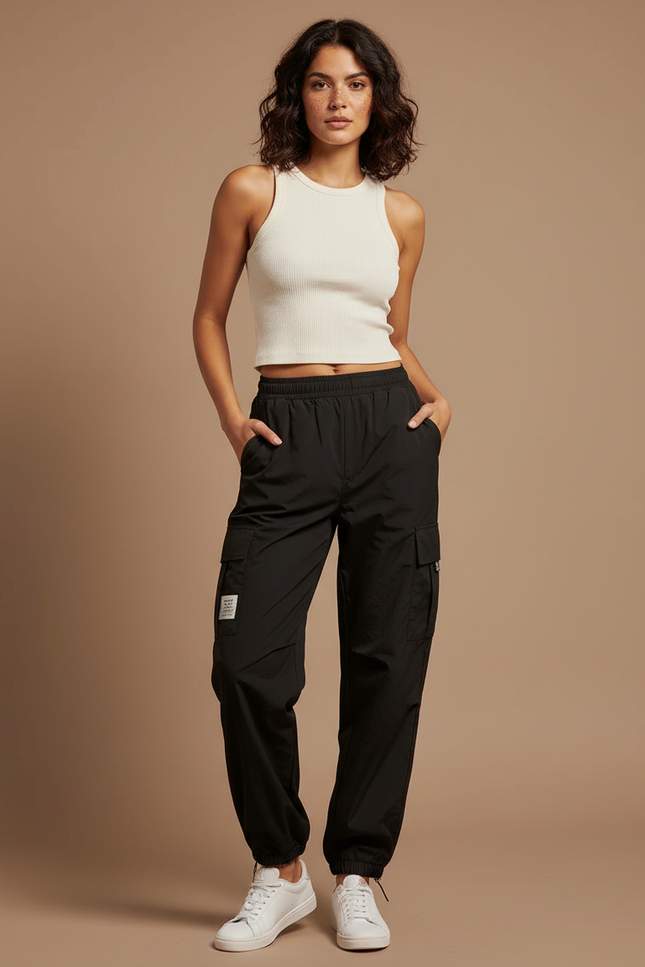 Pantalon Cargo Noir Fluide Multipoches Femme - Polyester
