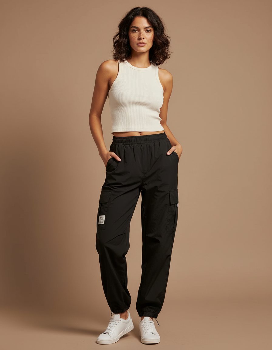 Pantalon Cargo Noir Fluide Multipoches Femme - Polyester
