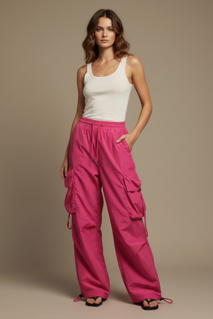 Pantalon Cargo Rose Ample Poches Femme - Polyester