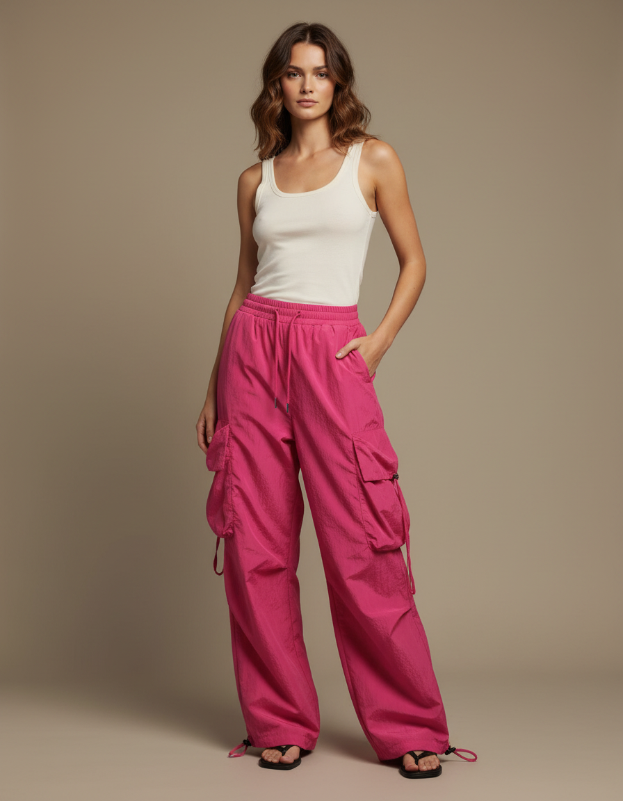 Pantalon Cargo Rose Ample Poches Femme - Polyester