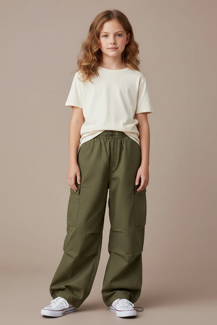 Pantalon Cargo Kaki Ample Coton Multipoches Fille