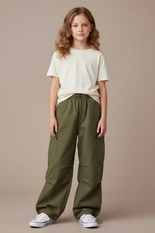 Pantalon Cargo Kaki Ample Coton Multipoches Fille