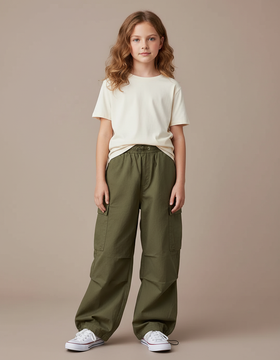 Pantalon Cargo Kaki Ample Coton Multipoches Fille