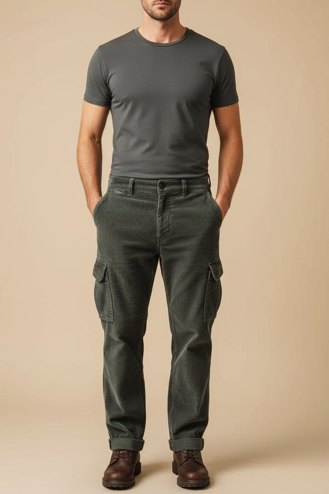 Pantalon Cargo Vert Côtelé Droit Décontracté Homme - Cordé