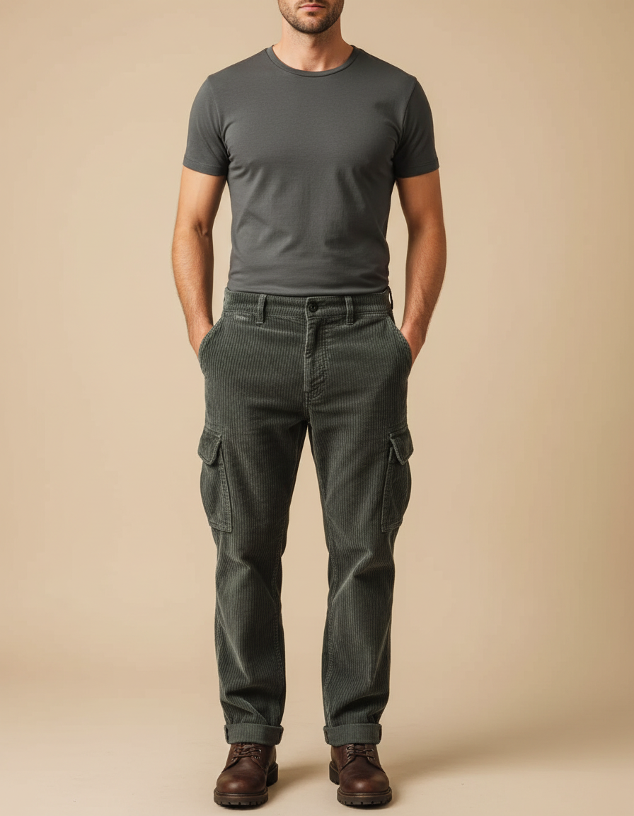 Pantalon Cargo Vert Côtelé Droit Décontracté Homme - Cordé