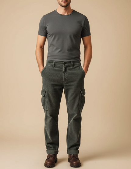 Pantalon Cargo Vert Côtelé Droit Décontracté Homme - Cordé
