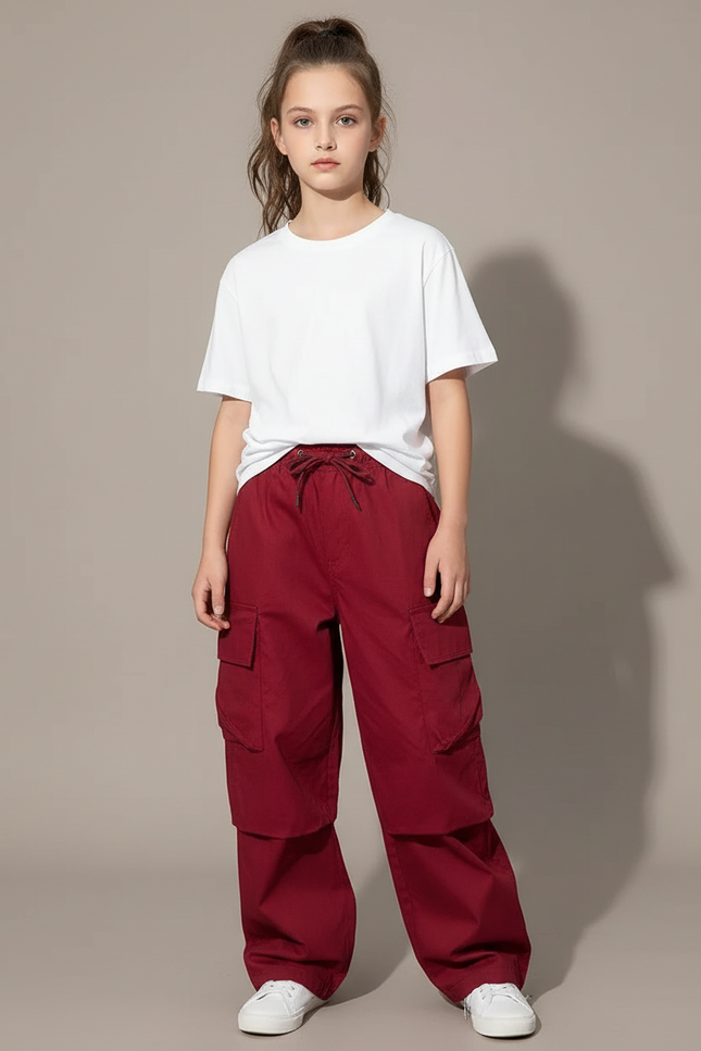 Pantalon Cargo Bordeaux Ample Multipoches Enfant Décontracté - Coton