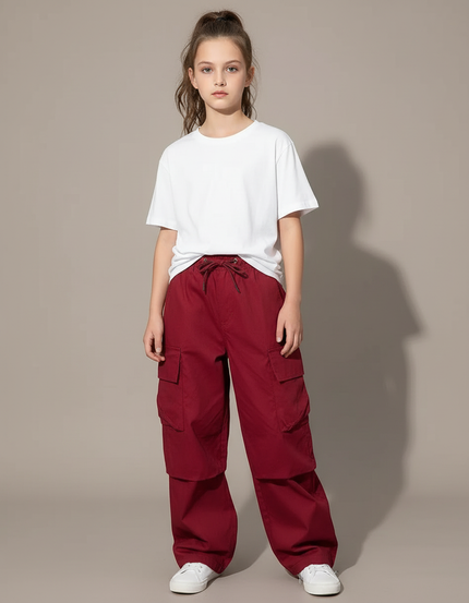Pantalon Cargo Bordeaux Ample Multipoches Enfant Décontracté - Coton