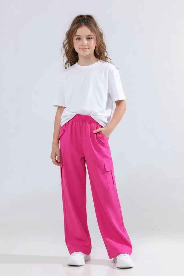 Pantalon Cargo Rose Fille Ample Décontracté Multipoches - Polyester