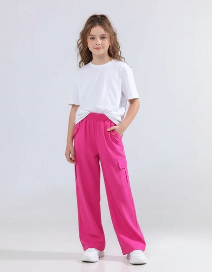 Pantalon Cargo Rose Fille Ample Décontracté Multipoches - Polyester