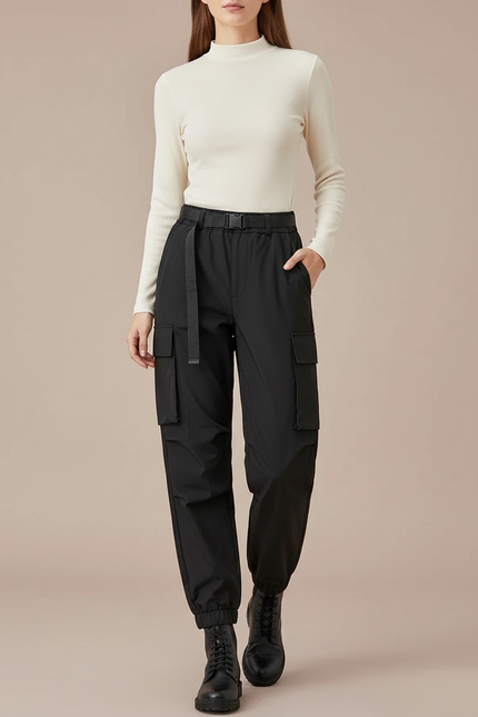Pantalon Cargo Noir Décontracté Ample Ceinture Nylon - Polyester