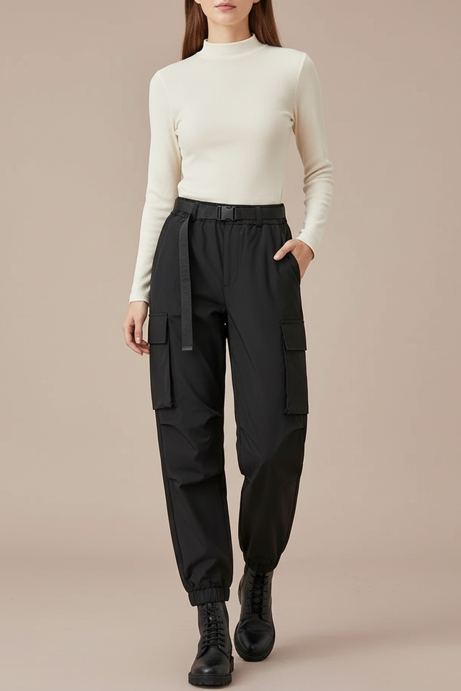 Pantalon Cargo Noir Décontracté Ample Ceinture Nylon - Polyester