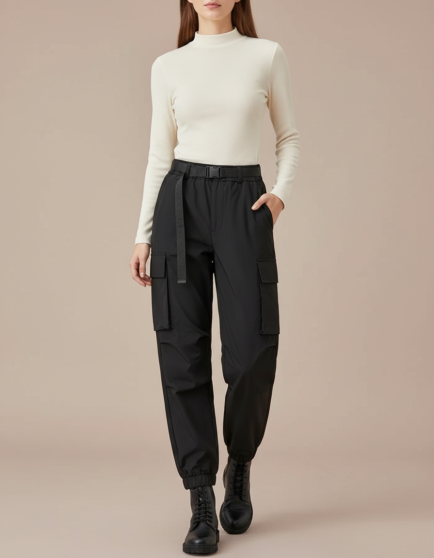 Pantalon Cargo Noir Décontracté Ample Ceinture Nylon - Polyester