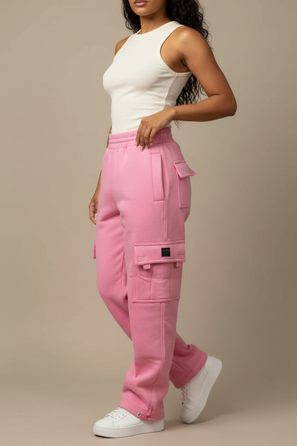 Pantalon Cargo Rose Ample Molletonné Multipoches Femme