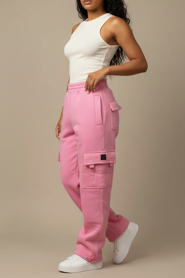 Pantalon Cargo Rose Ample Molletonné Multipoches Femme
