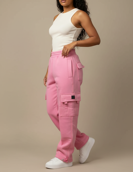 Pantalon Cargo Rose Ample Molletonné Multipoches Femme