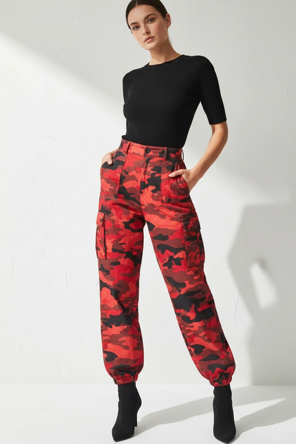 Pantalon Cargo Camouflage Rouge Ample Femme Élastiqué - Toile