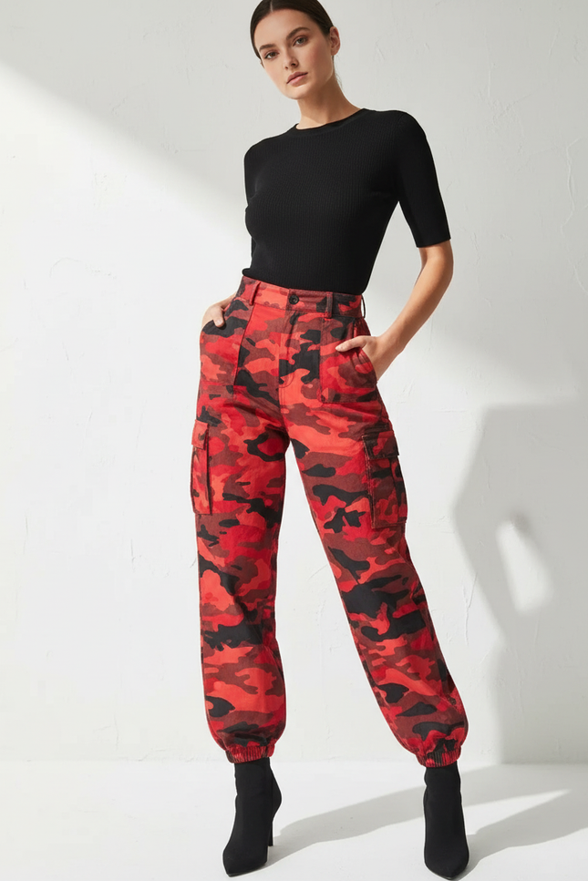 Pantalon Cargo Camouflage Rouge Ample Femme Élastiqué - Toile
