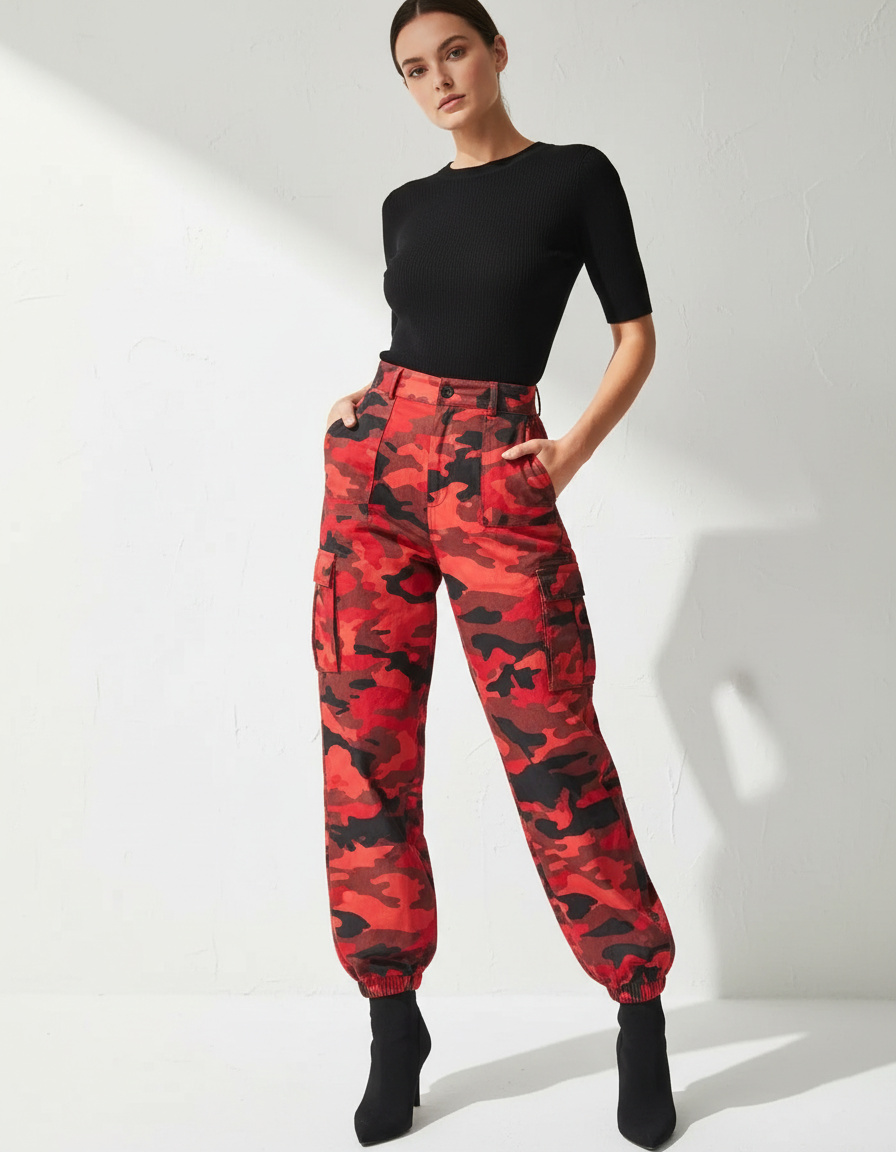 Pantalon Cargo Camouflage Rouge Ample Femme Élastiqué - Toile